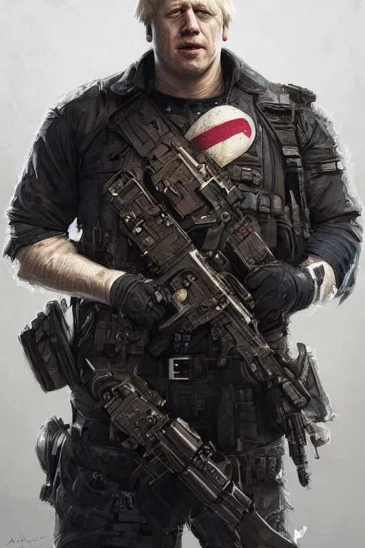 Image similar to Boris Johnson as Punisher, portrait, skull image on the vest, highly detailed, digital painting, artstation, concept art, smooth, sharp focus, illustration, cinematic lighting, art by artgerm and greg rutkowski and alphonse mucha