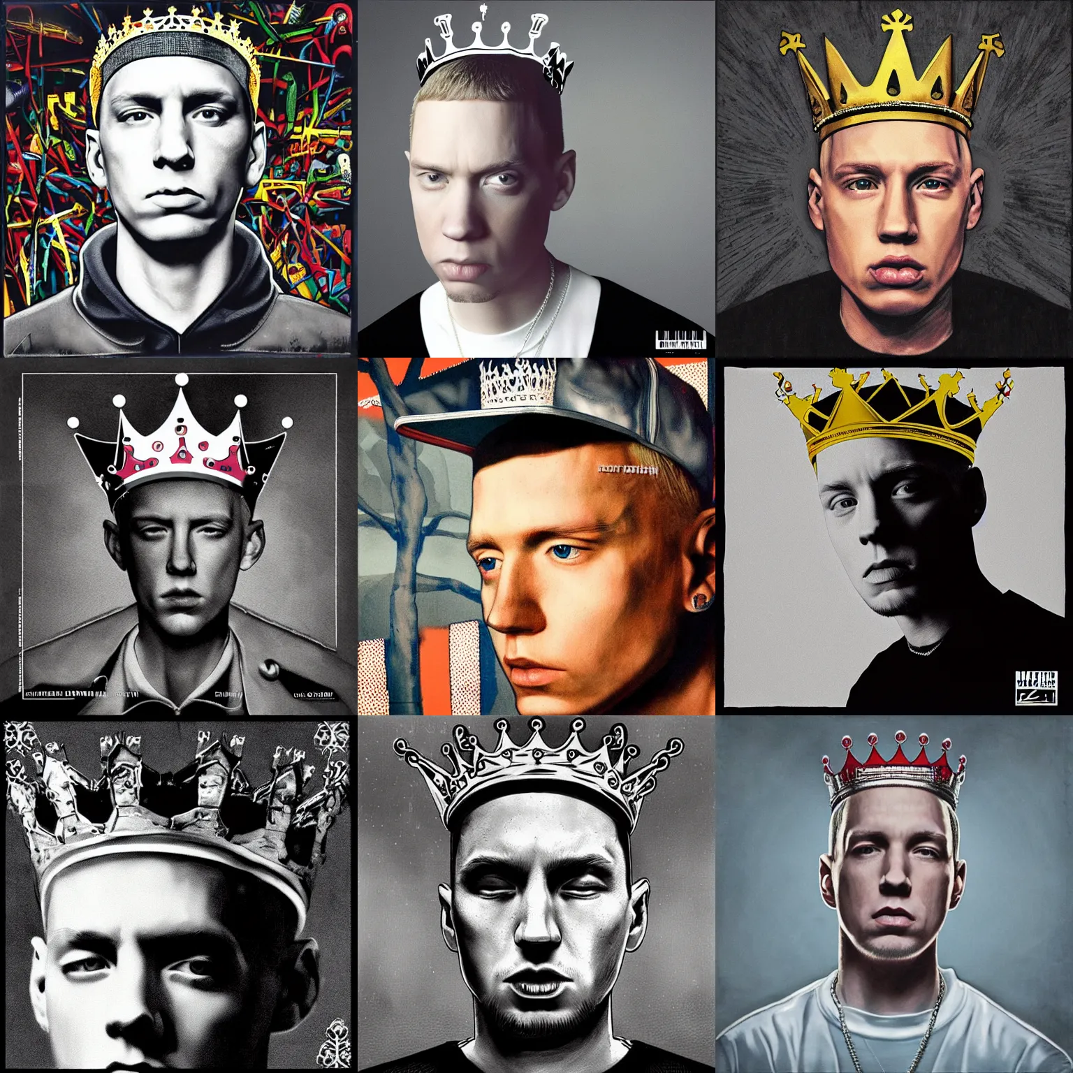 Prompt: king mathers album cover, eminem wearing a crown, high quality, discogs, detailed
