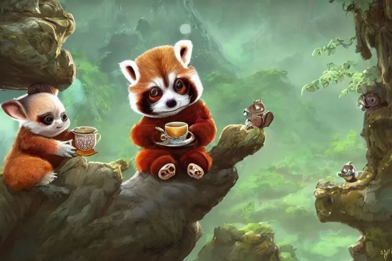 Prompt: an extremely cute (red panda) and the adorable (baby-yoda) sit on a lichen covered ancient bolder and sing songs and have a tea party, in the far background a hazy outline of a TIE fighter, mischievous, inquisitive, devious, hilarious, funny, by Tyler Edlin