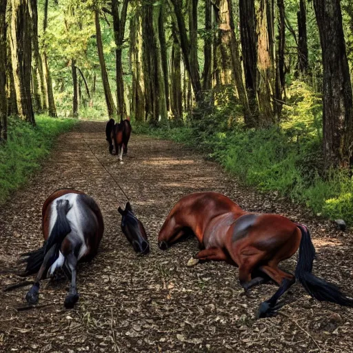 Image similar to two dead horses blocking the path in the woods. each horse has several black - feathered arrows sticking out of it. photo, 4 k