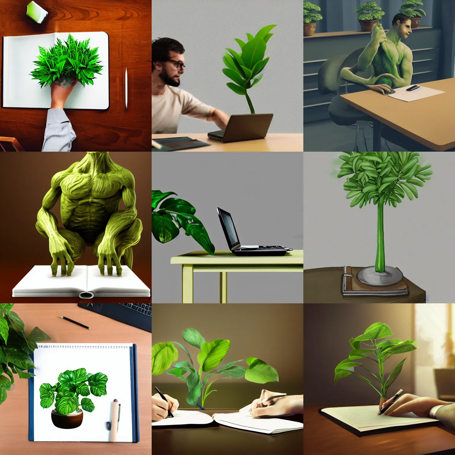 Prompt: photo of green real plant with human arms sitting at the table with opened laptop and many written papers, textbooks and books, artstation, award winning, 8k, realistic, hd