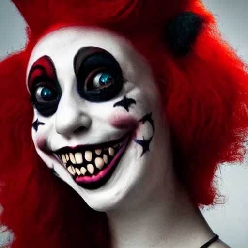 Image similar to A high quality photograph of a smiling goth-clown hybrid with red hair, trending on artstation, cute