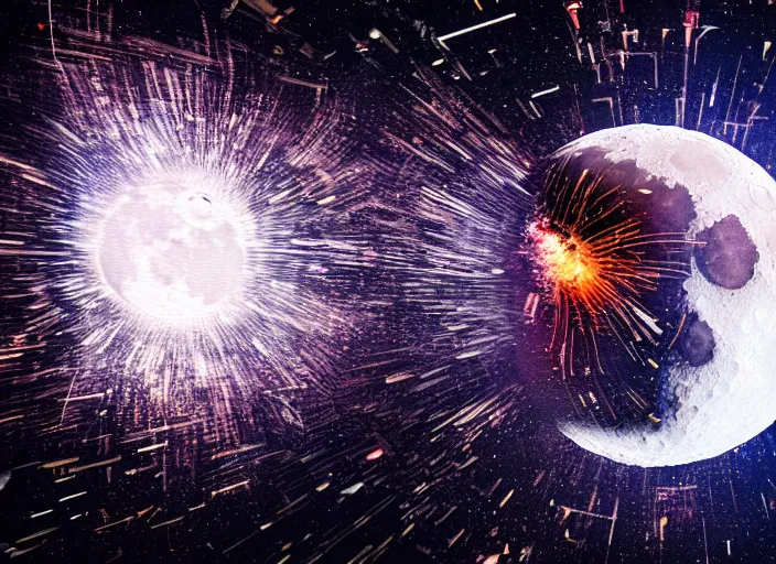 Image similar to film still of the moon shattering into pieces exploding moon over time square in the new disaster, 8 k, night time