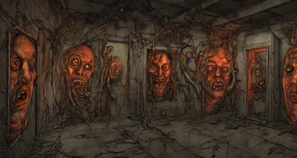 Image similar to a room with walls made from human faces, by david lapham, hand drawn, comic book, gritty, body horror, full of color, trending on artstation, ultra high detail, focused, unreal engine 5, octane render, glow, scary atmosphere