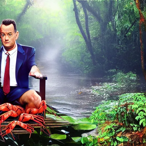 Image similar to Tom Hanks as forrest gump sitting on a giant shrimp in the jungle, realistic digital painting, in the style of Vitaly Samarin Alexiu, photoreailstic, realistic face, amazing detail, sharp