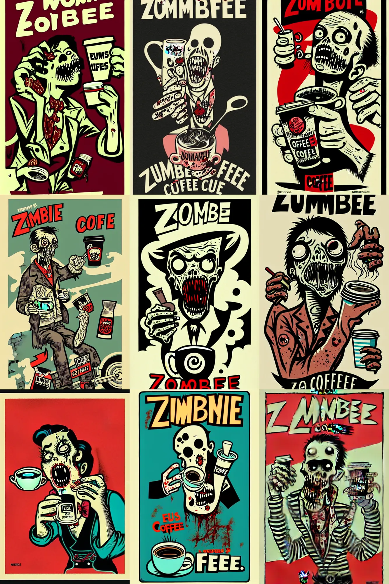 Prompt: zombie need coffee by mcbess, full colour print, vintage colours 1 9 5 0 s, high detail