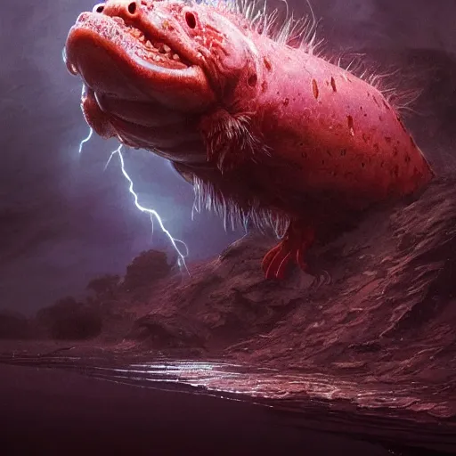 Image similar to highly detailed monster Axolotl hit by lightning from the sky in a small puddle, thunder, dramatic, dark, fantasy, digital art, hyperrealistic, cinematic lighting, Greg Rutkowski, Trending on Artstation, highly detailed