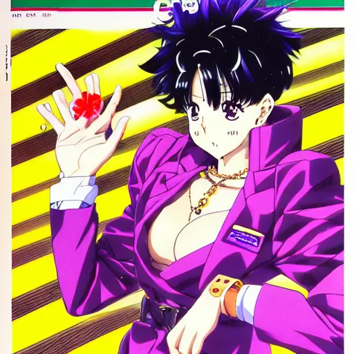 Image similar to 1993 Magazine Cover Anime key visual of a Gucci girl; official media; typography; drawn by Hirohiko Araki; Jojo's Bizarre Adventure; Jojolion, portrait, made by Stanley Artgerm Lau, WLOP, Rossdraws, James Jean, Andrei Riabovitchev, Marc Simonetti, Yoshitaka Amano, ArtStation