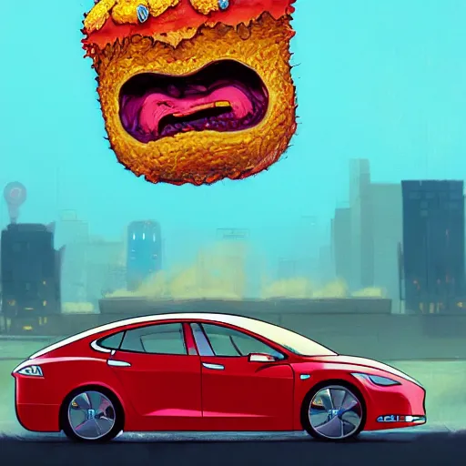 Image similar to Live action Aqua teen hunger force movie, meatwad is driving a tesla, Greg Rutkowski, Darek Zabrocki, Karlkka, Jayison Devadas, Phuoc Quan, trending on Artstation, 8K, ultra wide angle, pincushion lens effect,