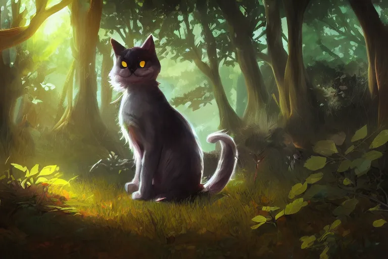 Image similar to cat in the forest, warm backlighting, digital art, trending on artstation, fanart, by kawacy