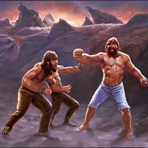 Prompt: chuck norris Fight with the giants chtulhu, fantasy art