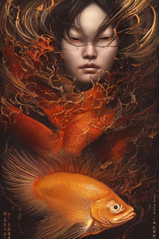 Image similar to a portrait of a japanese devil gold fish illustrated by miyazaki by karol bak, james jean, tom bagshaw, rococo, sharp focus, trending on artstation, cinematic lighting, hyper realism, octane render, 8 k, hyper detailed, vivid, ultra detailed, highly detailed