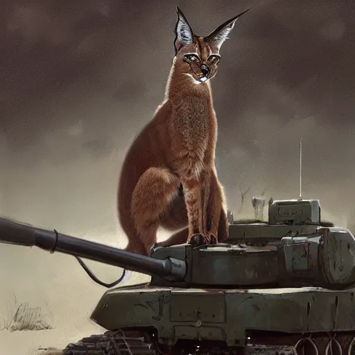 Image similar to cute caracal on a tank, portrait, jakub rozalski, dark colours, dieselpunk, artstation