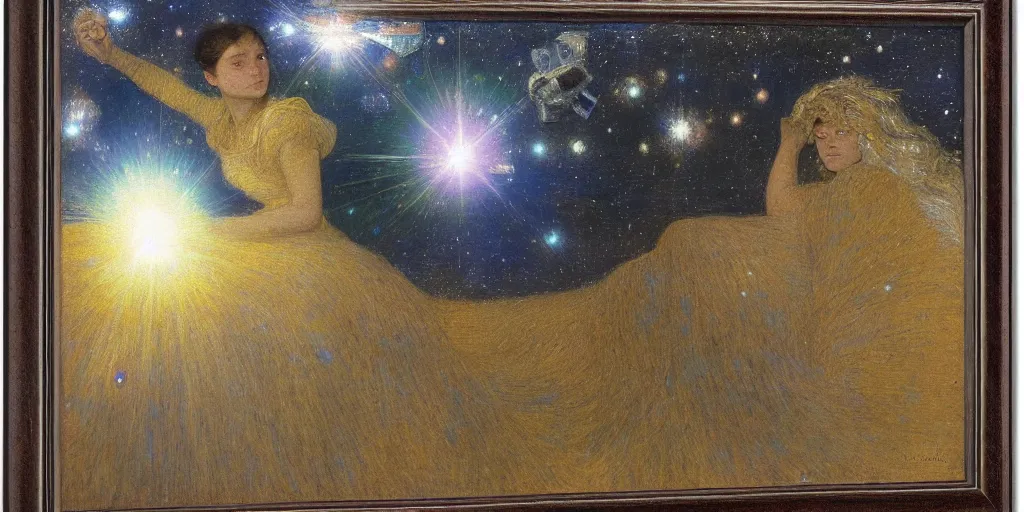 Image similar to portrait of a chrome female robot, reflections, mirroring, stars in space, rich clouds, warm azure tones, heavy lensflare, color bleed, film grain, depth of field, jules bastien - lepage, rudolph belarski, johfra bosschart, alexandre cabanel