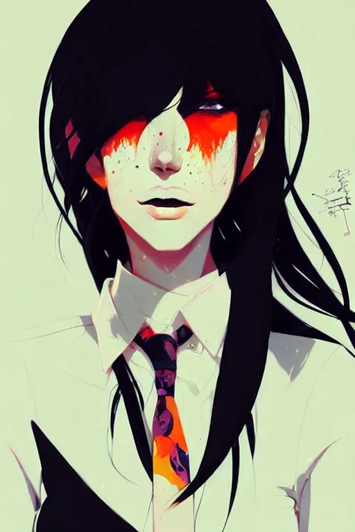 Image similar to a ultradetailed beautiful panting of a stylish woman wearing a shirt with a tie, she has black hair, by conrad roset, greg rutkowski and makoto shinkai, trending on artstation