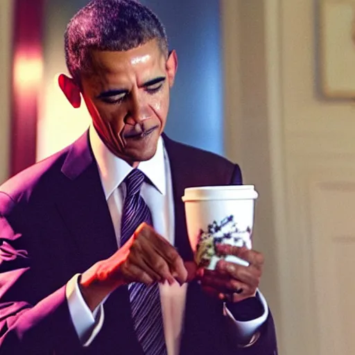 Image similar to blurry still of obama pouring lean in a doublecup, film grain, realistic face, insane detail