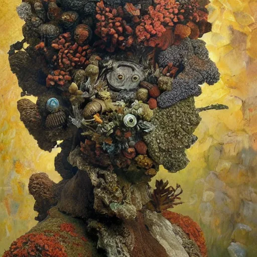 Prompt: a sculpture portrait made of smoke mushrooms and coral reefs and crystals and plants, painting part by wojciech siudmak, part by ilya repin, part by max ernst, part by norman rockwell, artstation