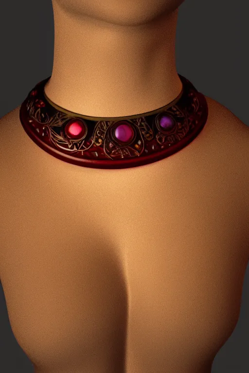 Image similar to historical, art nouveau, deep red gemstone choker, glowing inside, octane render, realistic, dramatic light, 3 d, photograph 4 k,