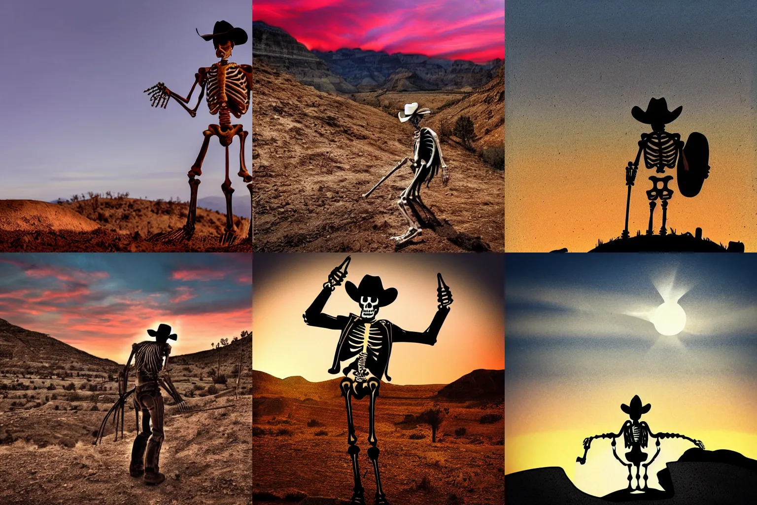Prompt: skeleton cowboy, digging grave, sunset, canyon, western style, comic