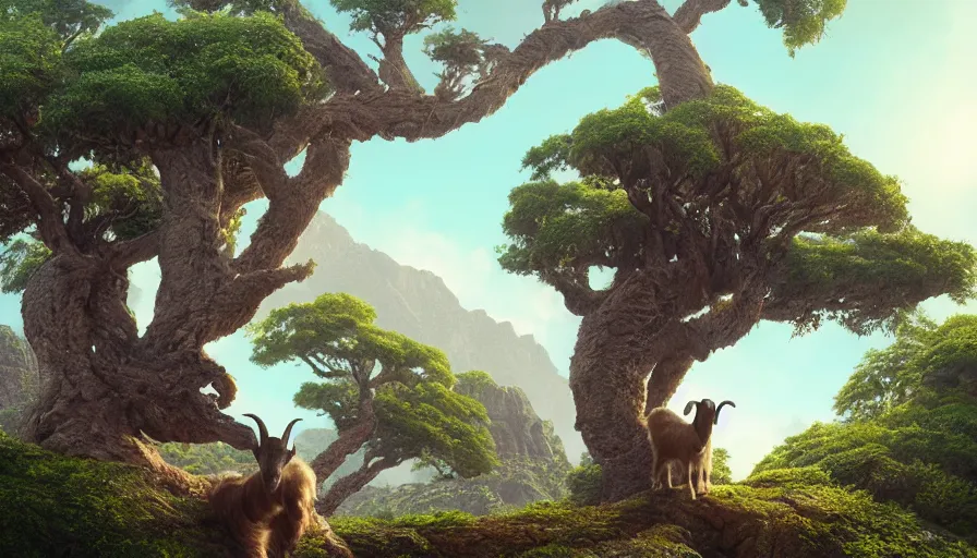 Prompt: very very small goat, sitting on a gigantic dragon tree in socotra island by ilya kuvshinov, rtx rendering, octane render 1 2 8 k, maya, extreme high intricate details by tom bagshaw, medium shot, close up shot, composition by sana takeda, lighting by greg rutkowski