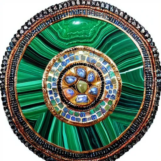 Prompt: photo of a malachite shield with jewels