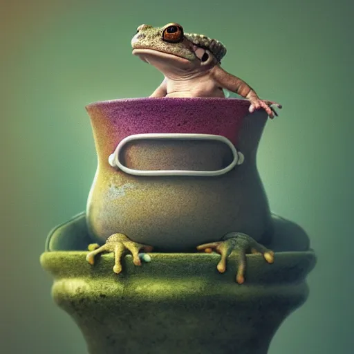 Image similar to long shot of a crazy toad baby sitting in a searose cup, by esao andrews, by m. w. kaluta, very humorous illustration, small depth of field, perspective perception, volumetric light, psychedelic colors, 3 d octane render, 8 k, conceptart, hyperdetailed, hyperrealistic, trending on artstation