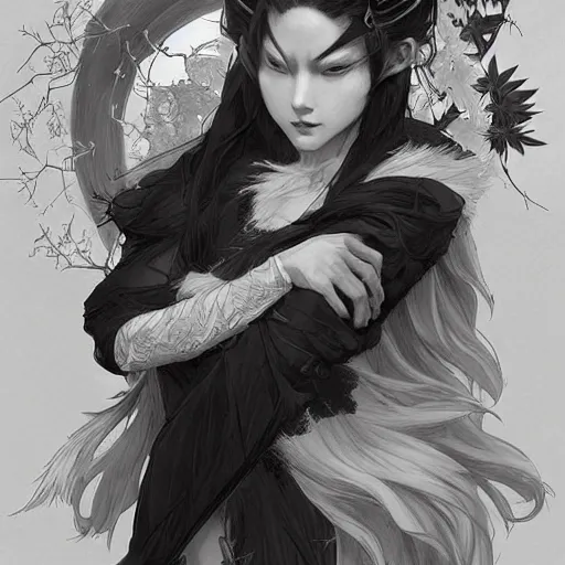 Image similar to japanese wolf goddess, d & d, black and white color palette, highly detailed, digital painting, artstation, concept art, sharp focus, illustration, cinematic lighting, art by artgerm and greg rutkowski and alphonse mucha