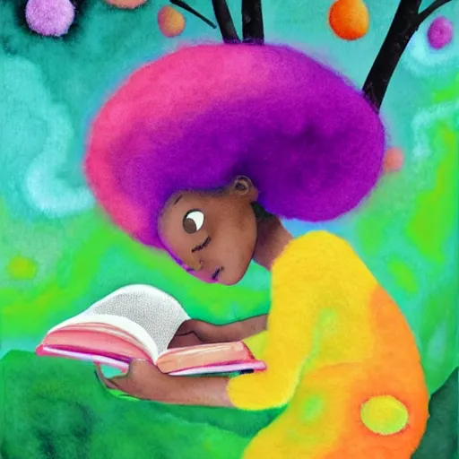 Prompt: a black girl with a colorful afro and big colorful eyes reading a book in the forest, bright colours, bokeh!!, watercolor, volumetric wool felting, macro photography, children illustration, by goro fujita