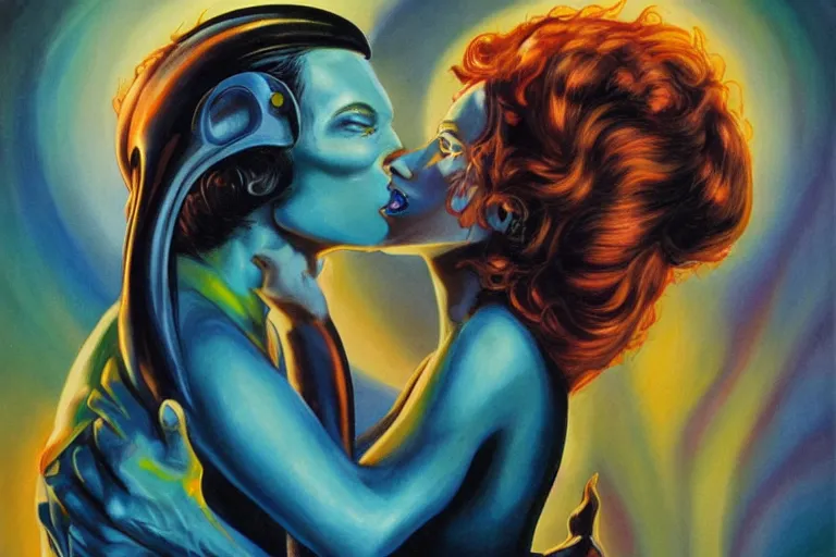 Prompt: an alien woman kisses a man by julie bell, sci - fi, color vibe, reimagined by industrial light and magic