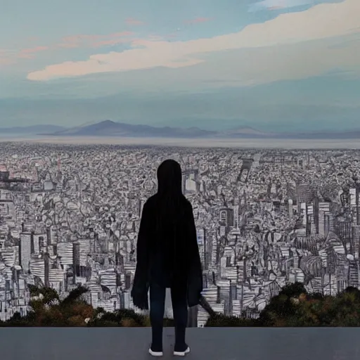 Prompt: melancholic girl wears a tokyo ghoul mask while looking at the city, incredible view of Santiago at dawn, illustration by Greg Rutkowski and Yoshitaka Amano