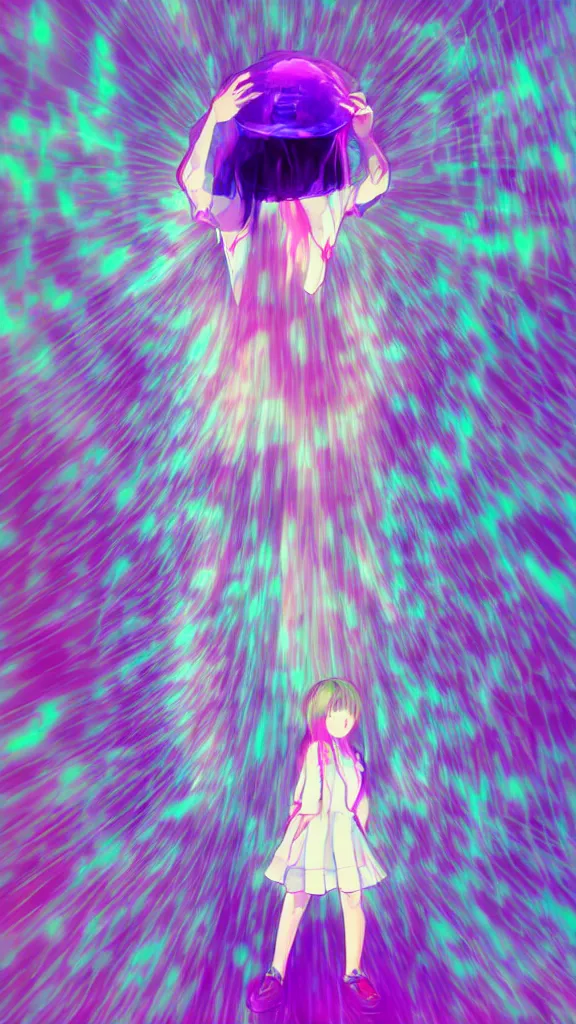 Image similar to Anime girl, glitchy, glitch art, Chromatic aberration, girl in white dress , halo over her head, nobody knows the future