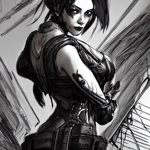 Prompt: concept art character, very high angle view, book cover, very attractive woman with full lips, slender figure, , walking in cyberpunk valley highly detailed full body, royalty, smooth, sharp focus, organic, appealing, book cover, deep shadows, borderlands 3 style, extremely fine inking lines