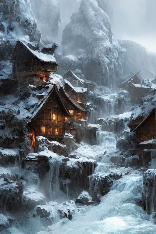 Prompt: mountain village with wooden viking houses on top of a waterfall in the snow, blizzard, a small stream runs beneath the waterfall, landscape, raphael lacoste, eddie mendoza, alex ross, concept art, matte painting, highly detailed, rule of thirds, dynamic lighting, cinematic, detailed, denoised, centerd