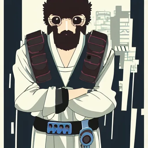 Prompt: studio ghibli cyberpunk portrait character, charming japanese cyberpunk portrait of a bearded character, cartoon,