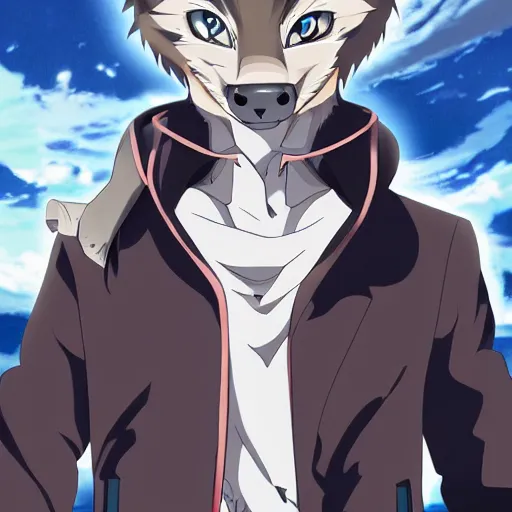 Image similar to key anime visual portrait of an anthropomorphic anthro wolf fursona, in a jacket, with handsome eyes, official modern anime art