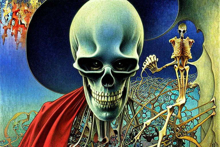 Image similar to realistic detailed closeup portrait painting of a single skeleton wearing a cape in a crowded futuristic street by Jean Delville, Amano, Yves Tanguy, Alphonse Mucha, Ernst Haeckel, Edward Robert Hughes, Roger Dean, rich moody colours, blue eyes