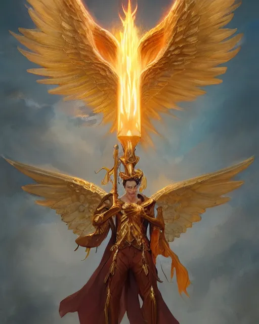 Prompt: character portrait of a male angel of justice with golden wings of flame, by peter mohrbacher, mark brooks, jim burns, marina abramovic, wadim kashin, greg rutkowski, trending on artstation