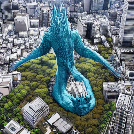 Prompt: aereal view of a giant kaiju in tokyo