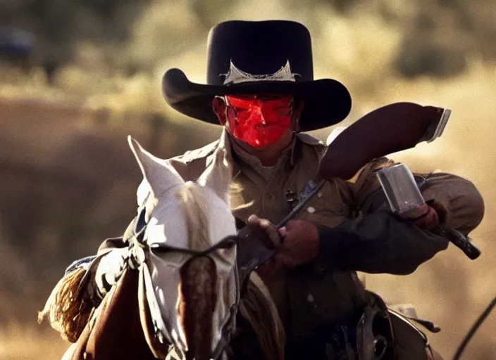 Image similar to a cowboy horse chase vigilantes with an eye masks disguise, lone ranger, shoot out, exploding horse limbs, blood guts, wide shot, from the hit 1 9 9 0 s tv show on tnt