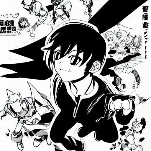 Prompt: young anime hero, illustrated by mato and ken sugimori, manga, black and white illustration