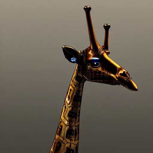 Prompt: a steampunk robotic giraffe, dark background, super - detailed, photo - realistic,