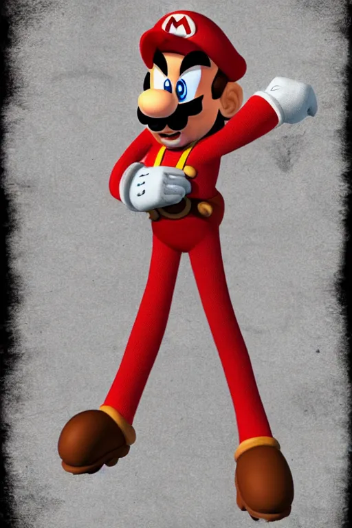 Image similar to lanky, skinny, tall, exaggerated caricature of super mario, gritty, extreme proportions