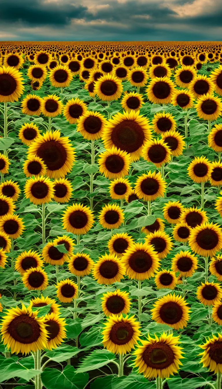 Prompt: highly detailed photo of sunflower field on cloudy day, hyper realistic, concept art, 8 k detail post - processing