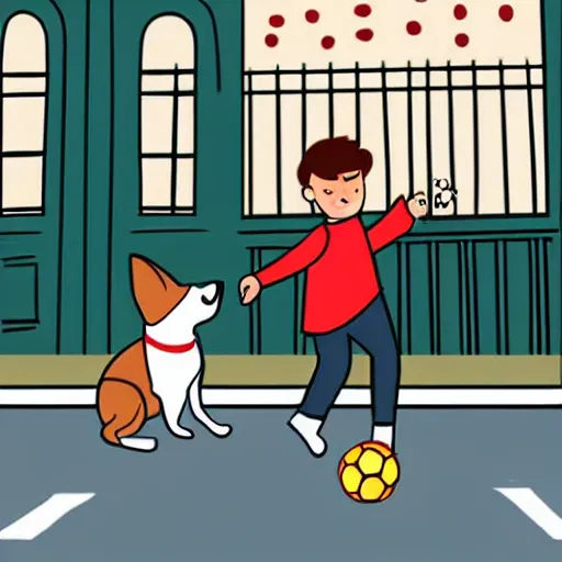 Image similar to illustration of boy playing football with his dog on the streets of paris, his dog dog is a corgi that wears a polkadot scarf