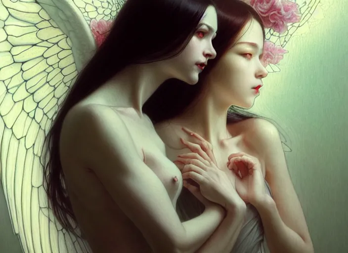 Prompt: portrait of demonic woman and angelic woman, confident pose, pixie, genshin impact, intricate, elegant, sharp focus, soft bokeh, illustration, highly detailed, concept art, matte, trending on artstation, bright colors, art by wlop and artgerm and greg rutkowski, mucha, giger, marvel comics and beksinski