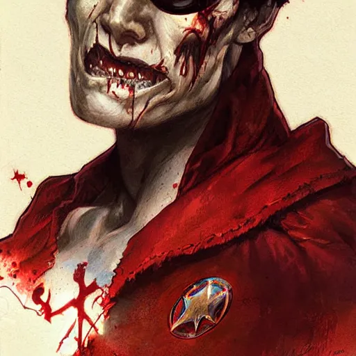 Image similar to capitan america as a zombie, by greg rutkowski, mucha, artgerm,