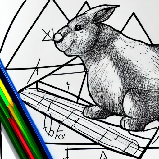 Image similar to schematic drawing of big chungus with pencils and triangle ruler lying next to the drawing