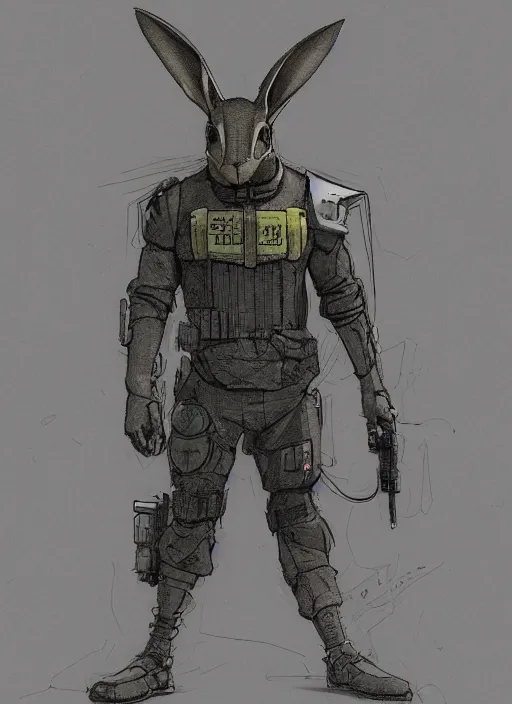 Prompt: mr rabbit dressed in combat gear. cyberpunk rabbit mercenary in tactical gear and jumpsuit. portrait by stonehouse and mœbius and will eisner and gil elvgren and pixar. realistic proportions. dystopian. cyberpunk 2 0 7 7, apex, blade runner 2 0 4 9 concept art. cel shading. attractive face. thick lines.