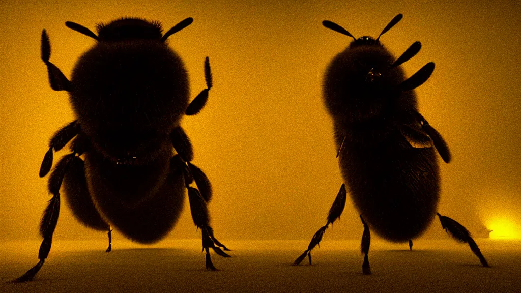 Prompt: the giant bumblebee in the living room, made of glowing wax, film still from the movie directed by denis villeneuve with art direction by zdzisław beksinski, wide lens