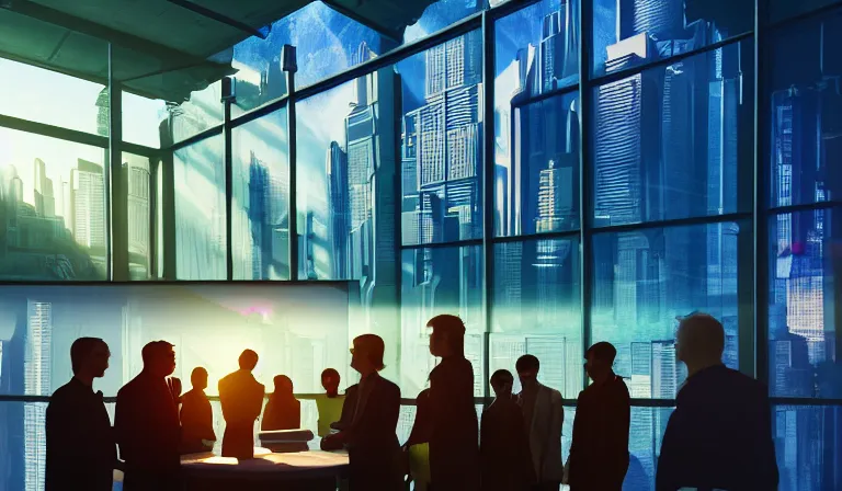 Image similar to group of people in simple windowed warehouse, looking at hologram of futuristic city on a table, cinematic concept art, godrays, golden hour, natural sunlight, 4 k, clear details, tabletop model buildings, center model buildings, hologram center, crane shot, crane shot, crane shot